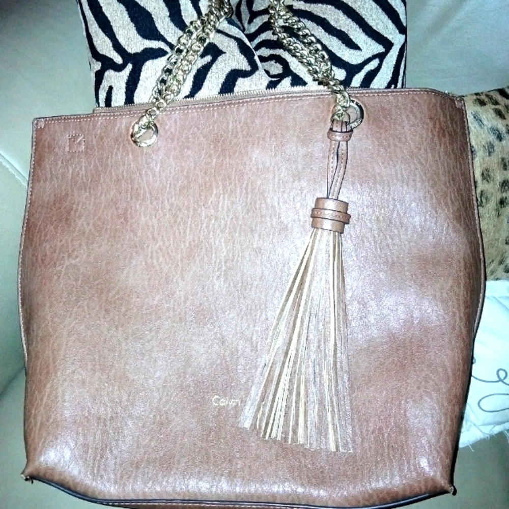 Calvin Klein Faux Leather Gold Chain Tote/Purse